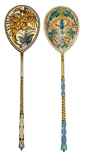 * Two Russian Silver-Gilt and Enamel Spoons, Mark likely of Vasiily Agafonov, kokoshnik mark of Ivan Lebedkin, Moscow, late 19th