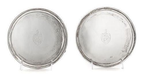* A Pair of George III Silver Salvers, John Edwards III, London, 1790, each centered by an engraved armorial shield surmounted b