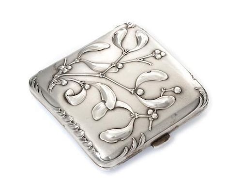 * A French Art Nouveau Silver Cigarette Case, Maker's mark obscured, of square form, the case worked with foliate and berry moti