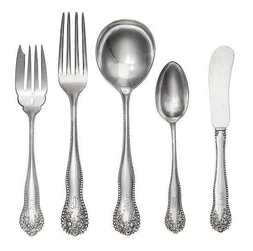 An American Silver Flatware Service, Gorham Mfg. Co., Providence, RI, 1882, Lancaster pattern, comprising: 12 dinner forks 11 sa