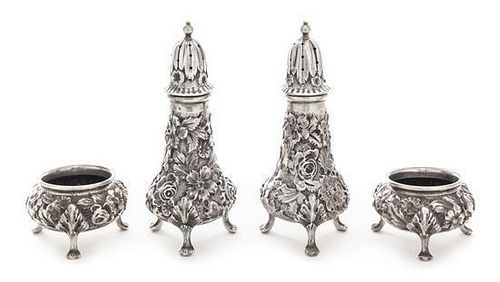 * A Pair of American Silver Casters and Salt Cellars, Ritter & Sullivan, Baltimore, MD, each with floral repousse decoration.