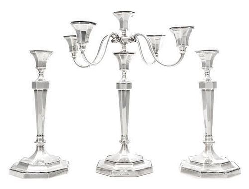 * Three American Silver Candlesticks, Lebolt & Co., Chicago, IL, 20th Century, each of paneled baluster form with beaded rims an