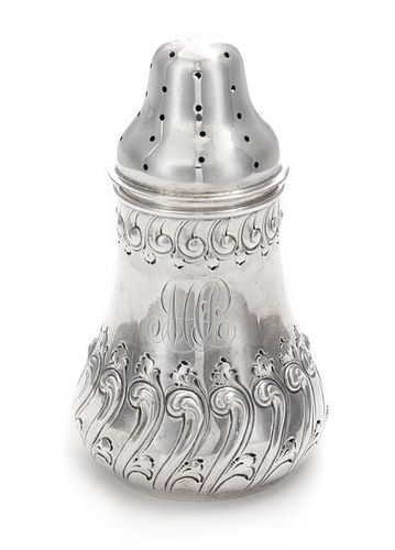 An American Silver Muffineer, Dominick & Haff, New York, NY, 1889, the body worked with S-scrolls.