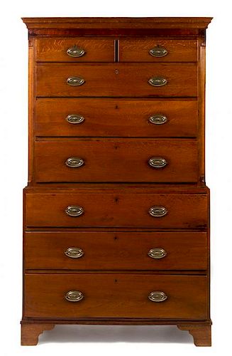 An American Oak Chest on Chest Height 76 1/2 x width 43 1/2 x depth 20 inches.