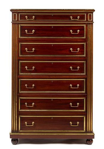 An American Gilt Bronze Mounted Mahogany Chest of Drawers Height 58 x width 36 x depth 19 3/4 inches.