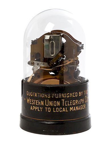 A Western Union Self-Winding Stock Ticker and Pedestal Height of ticker case 13 1/4 inches.