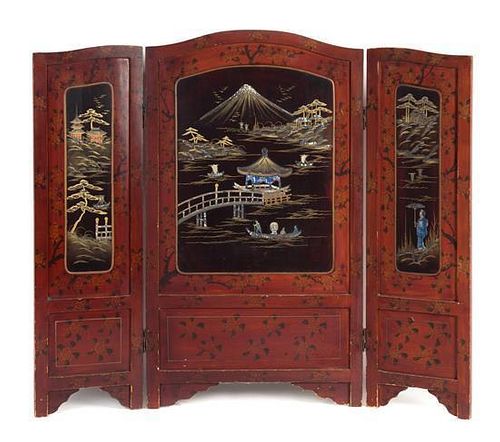 A Japanese Export Three Panel Floor Screen Height 35 5/8 x width 41 1/4 inches.