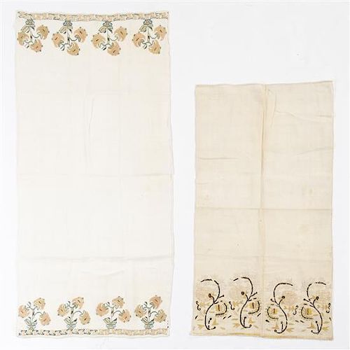 * Three Ottoman Embroidered Linen Towels Length of longest 39 inches.