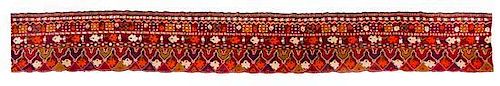 * Two Indian Silk Embroidered and Mica Mounted Cotton Panels Length of longest 209 x 17 inches.