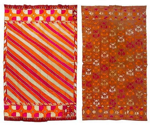 * Two Indian Silk Embroidered Cotton Phulkari Shawls Largest 49 x 92 inches.