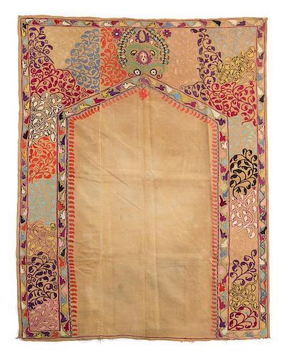 * A Suzani Embroidered Prayer Mat 51 x 38 inches.
