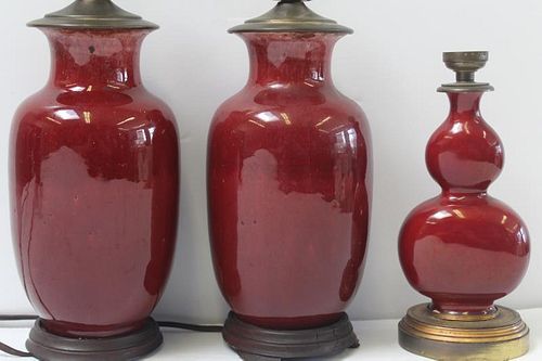 Lot of 3 Sang De Boeuf Porcelain Vases as Lamps.