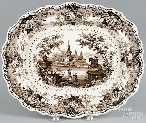 Brown Staffordshire ''Italian Villas'' platter, 19th c., marked by Heath & Co., view number four