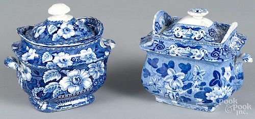 Blue Staffordshire ''Flowers in Chain Vase'' covered sugar, 19th c., 6'' h.