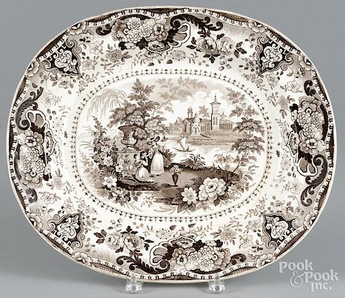 Brown Staffordshire ''Italian Buildings'' platter, 19th c., marked by Hall & Co., 14'' l., 16 3/4'' w.