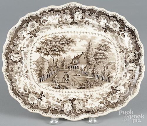 Brown Staffordshire ''Residence of the Late Richard Jordan New Jersey'' platter, 19th c.