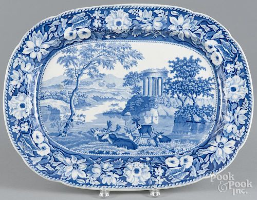 Blue Staffordshire ''Deer and Folly'' platter, 19th c., also known as ''Rotunda Ruins''