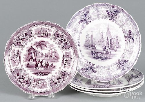 Five purple Staffordshire ''Commerce'' plates, 19th c., impressed Alcock