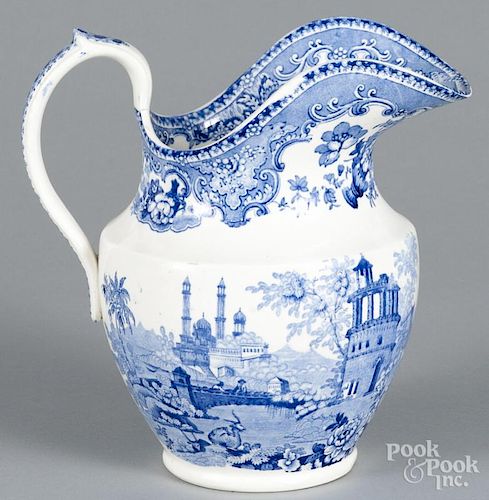 Blue Staffordshire ''Indian Temple'' pitcher, 19th c., marked by Elkin, Knight, and Bridgwood, 9'' h.