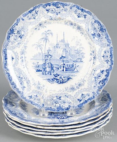 Six blue Staffordshire ''Mogul Scenery'' plates, 19th c., marked by Mayer, view number three