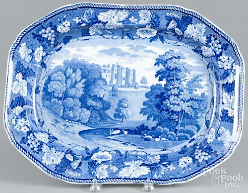Blue Staffordshire ''Brancepeth Castle Durham'' platter, 19th c., impressed Wood & Sons, 14 1/4'' l.