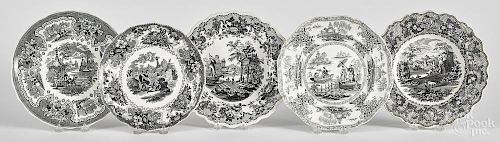 Ten black Staffordshire plates and soup bowls, 19th c., to include ''Burmese'', ''Asia Display'd''