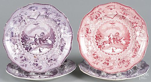 Four Staffordshire ''Millenium'' plates, 19th c., to include three purple examples and a red example