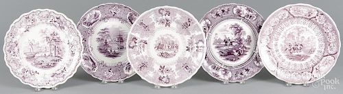 Five purple Staffordshire plates, 19th c., to include ''Oriental Scenery'', view number three