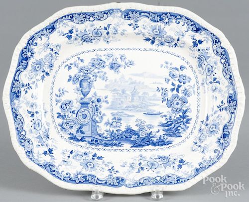 Blue Staffordshire ''Oriental Beauties'' platter, 19th c., 13 1/2'' l., 17'' w.