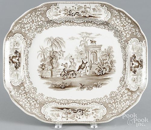 Brown Staffordshire ''Triumphal Car'' platter, 19th c., view number two, 14 1/2'' l., 17'' w.