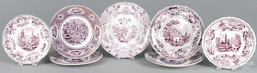 Seven purple Staffordshire plates, 19th c., to include ''Indian Pagoda'', ''Pomerania'', ''Baronial''