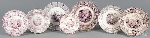 Seven red and purple Staffordshire plates, 19th c., to include ''Grecian Scenery'', view number two