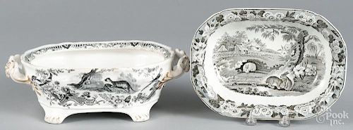 Two black Staffordshire serving dishes, 19th c., to include Zoological Sketches and Grazing Rabbits