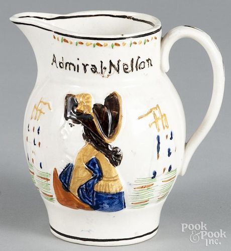 Staffordshire Admiral Nelson and Captain Hardy pitcher, 19th c., 6 1/4'' h.