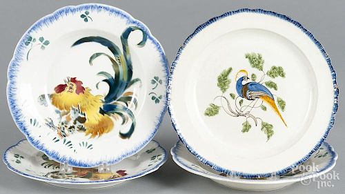 Pearlware blue feather edge plate, 19th c., with peafowl, 19th c., together with three French plates