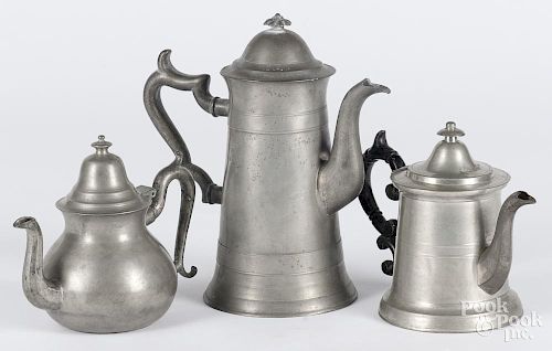 Three pieces of American pewter, 19th c., to include a Dunham coffee pot, 10 3/4'' h.