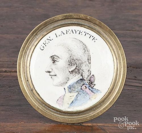 Battersea enamel tie back, ca. 1800, decorated with a bust of General Lafayette, 1 7/8'' dia.