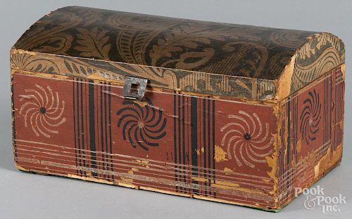 Wallpaper covered dome lid box, mid 19th c., 7'' h., 13 1/2'' w.