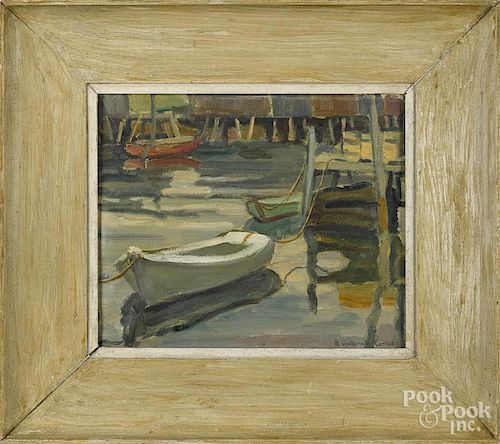 American oil on canvas laid on board harbor scene, titled Peggy's Cove, signed