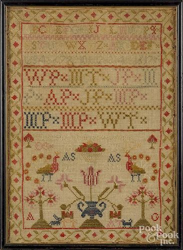 Silk on linen sampler, dated 1828, wrought by Christian Ponteous, 16 3/4'' x 11 3/4''.