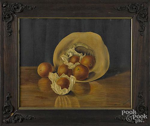 M. Clark Raymand (New Jersey, ca. 1900), oil on canvas still life, titled Oranges in a Hat, signed