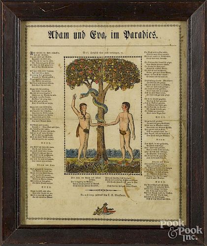 Reading, Pennsylvania printed and hand colored Adam and Eve fraktur, by Bruckman, 14'' x 11 1/4''.