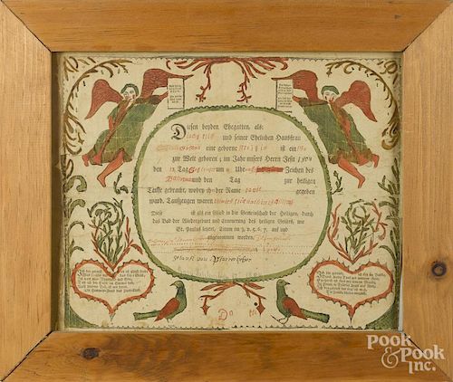 Southeastern Pennsylvania printed and hand colored fraktur birth certificate, dated 1804