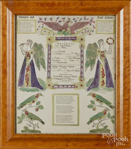 Blumer, Busch & Co. printed and hand colored fraktur birth certificate for Cassiana Knerr, b. 1853