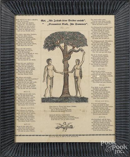 M. Dahlem, Philadelphia printed and hand colored Adam and Eve fraktur, 13 1/2'' x 10 1/2''.