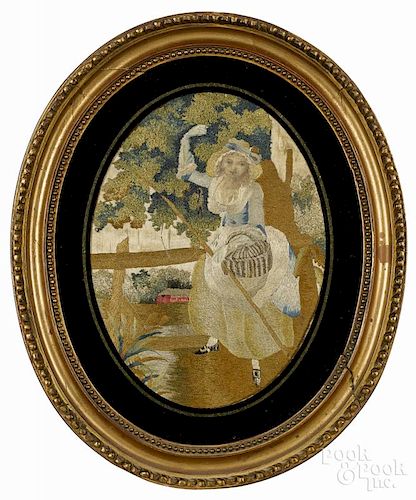 Silk and chenille embroidery, early 19th c., of a woman with a basket, 7 1/2'' x 5 3/4''.