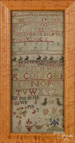 Silk on linen sampler, dated 1807, wrought by Martha Ferguson, 17'' x 7 1/4''.