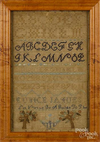 Silk on linen sampler, early 19th c., probably New England, wrought by Eunice Jaques, 12 1/2'' x 8''.