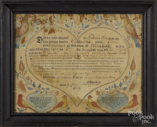 Lancaster County, Pennsylvania printed and hand colored fraktur birth certificate