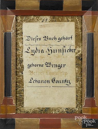 Lebanon County, Pennsylvania ink and watercolor fraktur bookplate, 19th c., for Lydia Hunsicker
